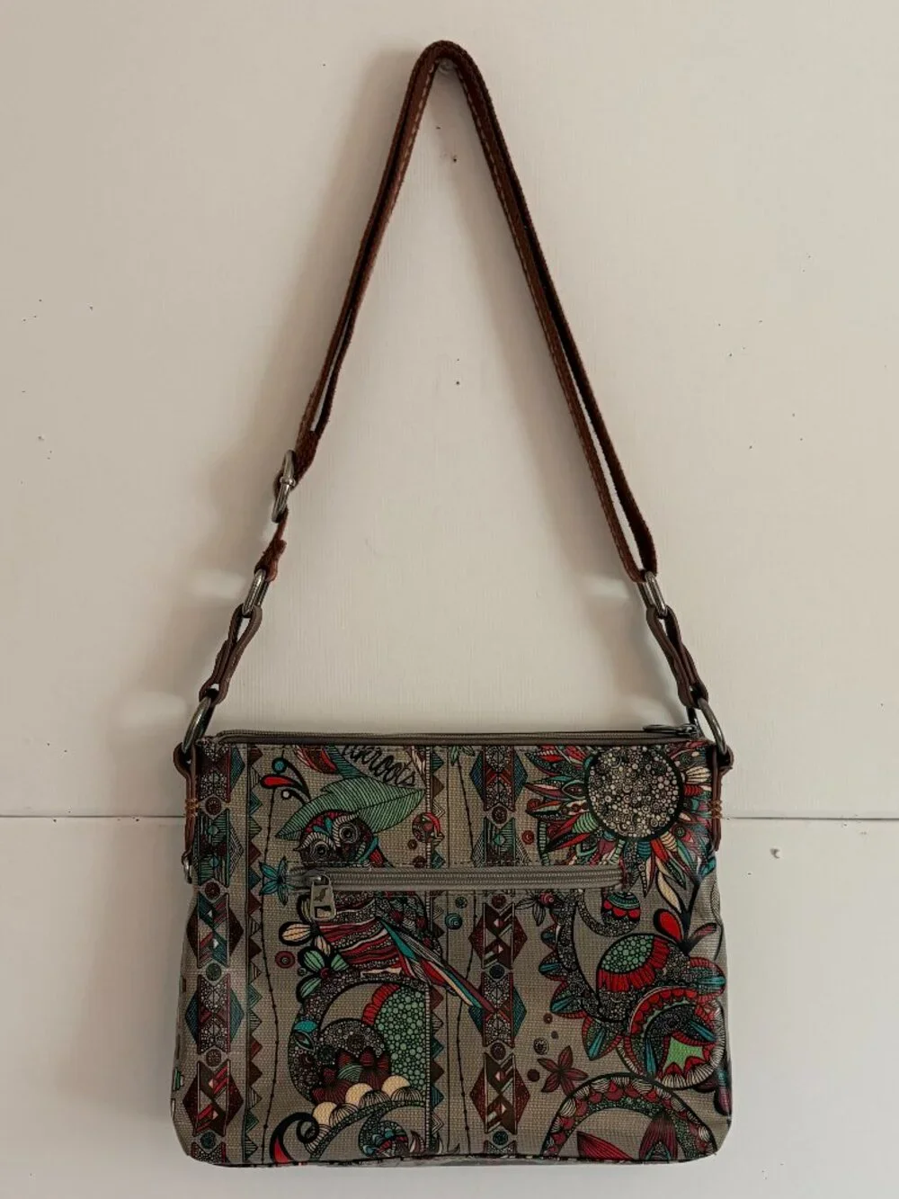 Sakroots Bohemian Colorful Tribal Owl Print Crossbody Coated Canvas Purse/Bag